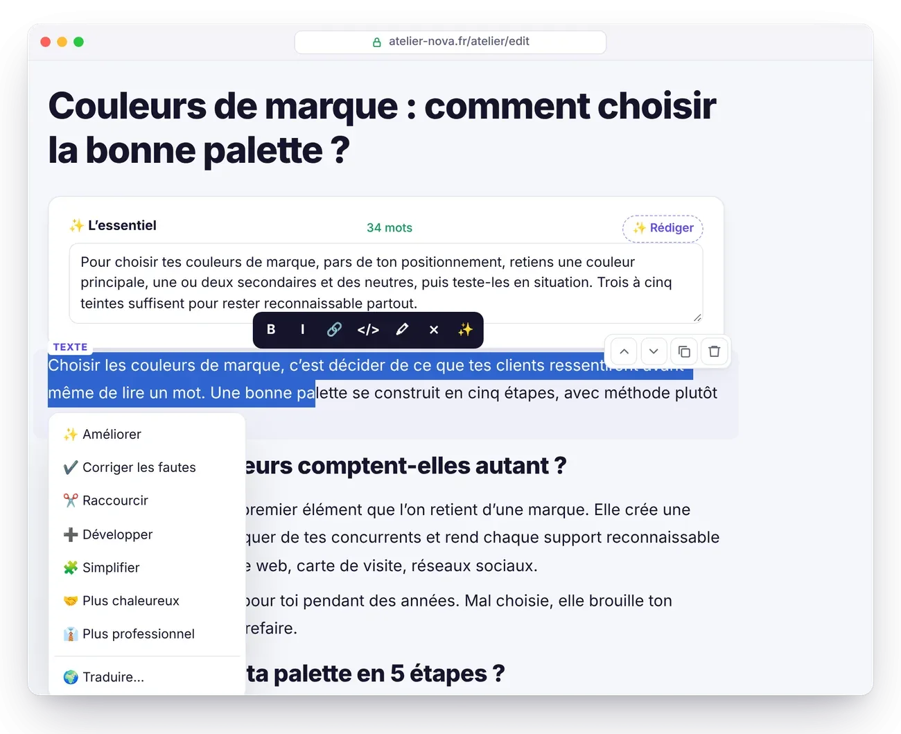 Menu IA de l’éditeur d’Éclair sur un passage sélectionné : améliorer, corriger, raccourcir, développer, simplifier, traduire