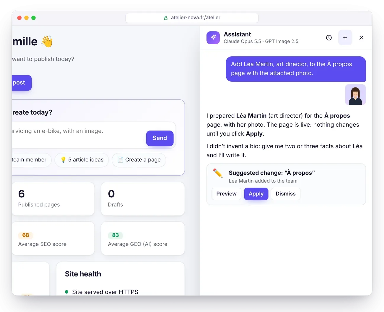 The AI assistant prepares to add a person to the About page: Preview, Apply or Dismiss