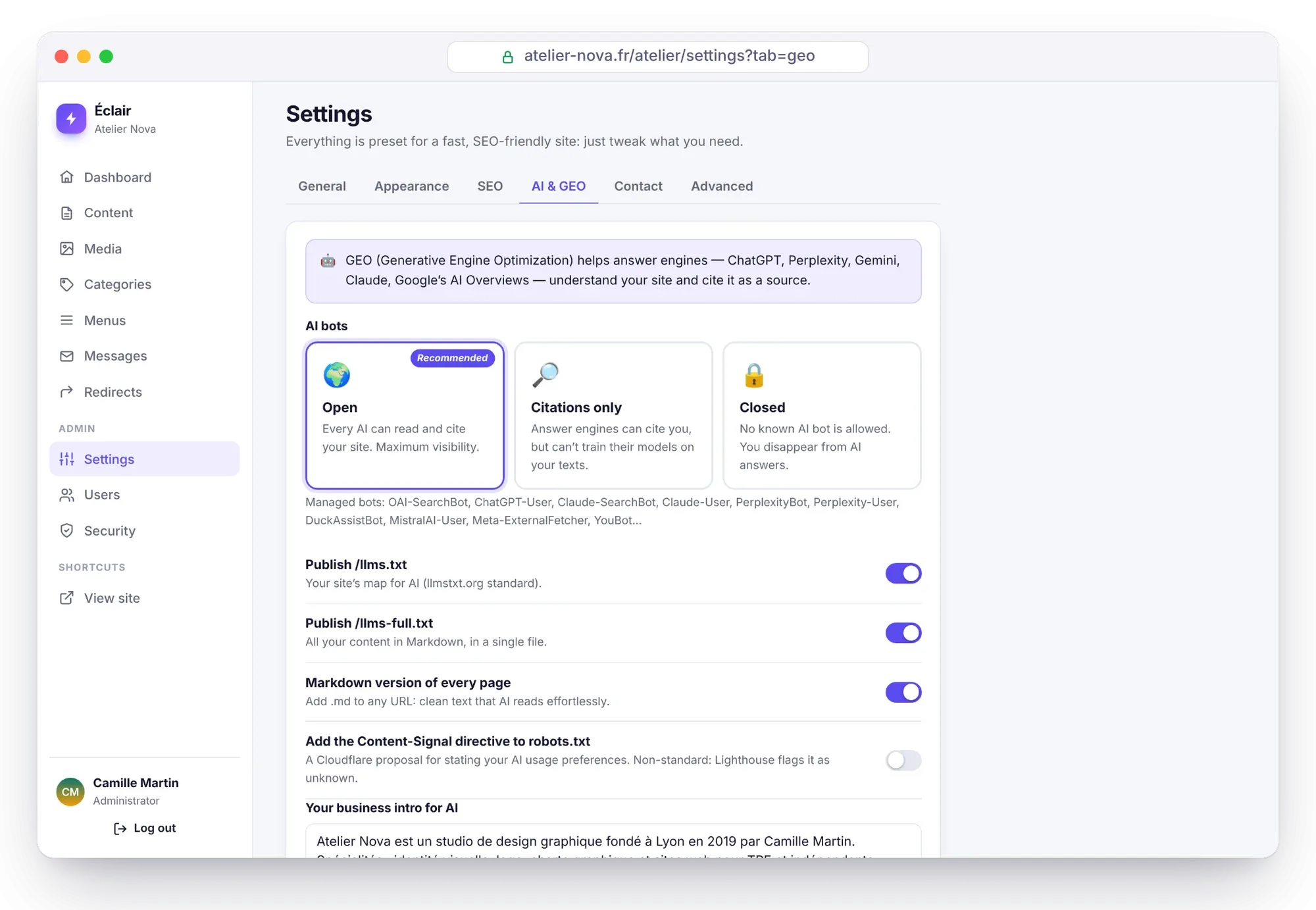 Éclair’s AI & GEO settings: choosing the access policy for artificial intelligence bots