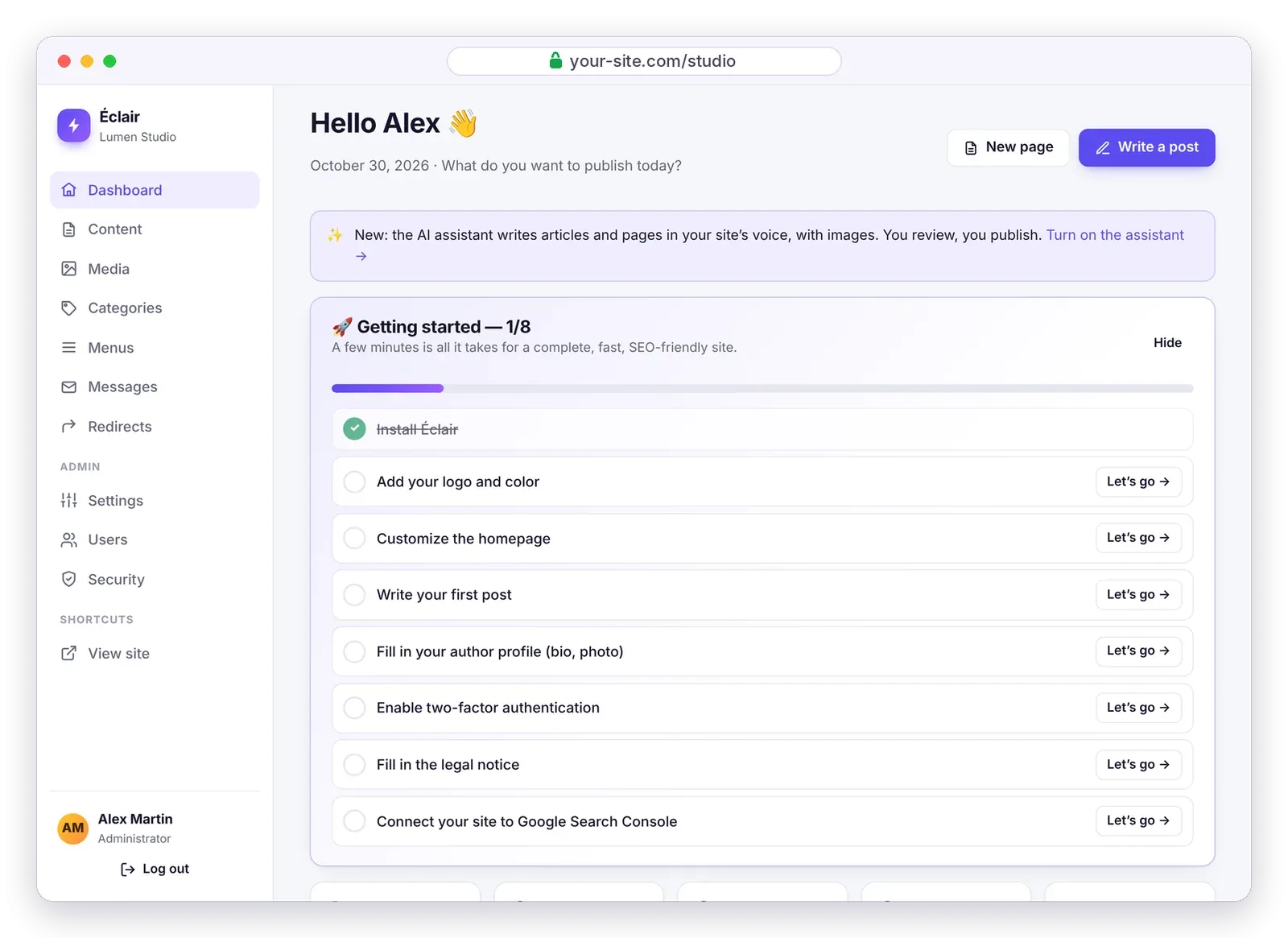 Éclair dashboard right after installation, with the Getting started checklist