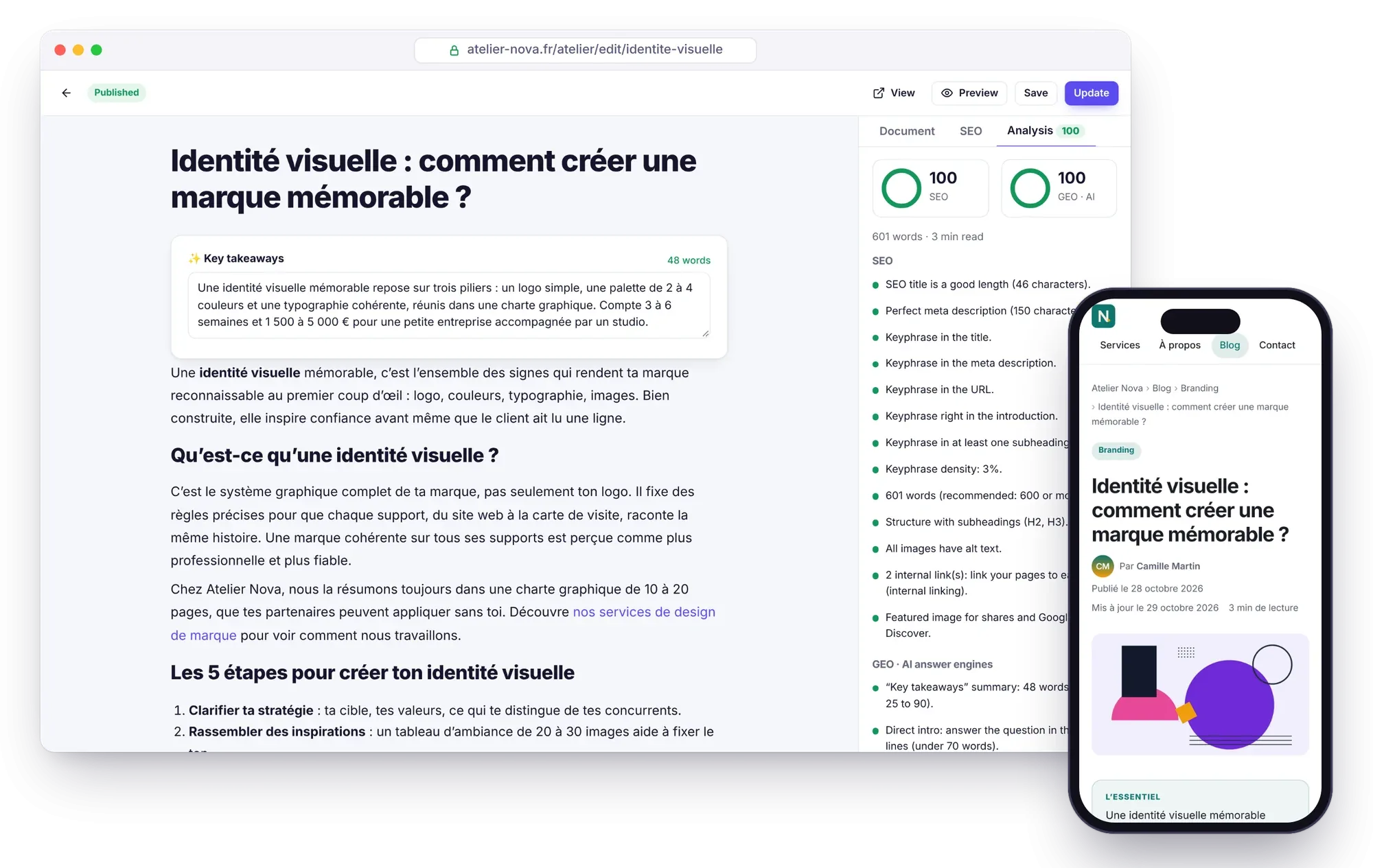 The Éclair editor with SEO and GEO analysis scoring 100 out of 100, and the published article on a phone