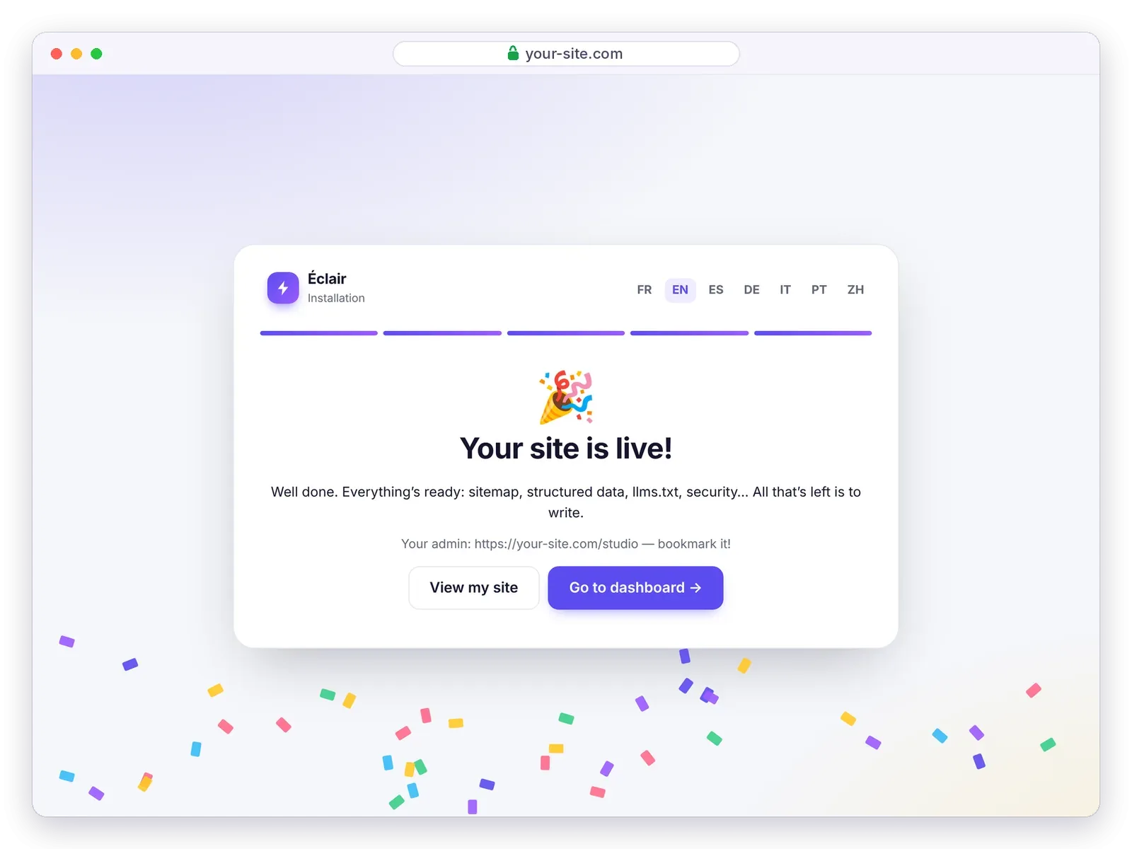 End of the Éclair installation: your site is live, with the admin URL to bookmark