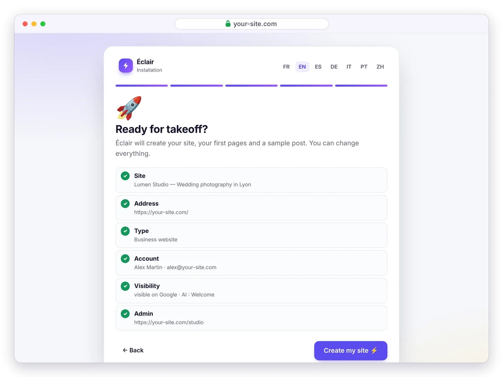 Éclair setup wizard, summary of your choices before creating the site